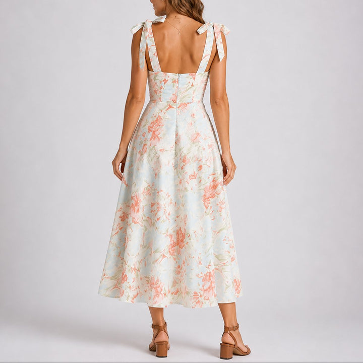 Floral Ruched Tie-Shoulder Midi Dress