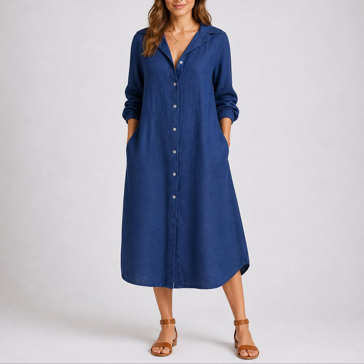 Long-Sleeve Button-Front Midi Shirt Dress