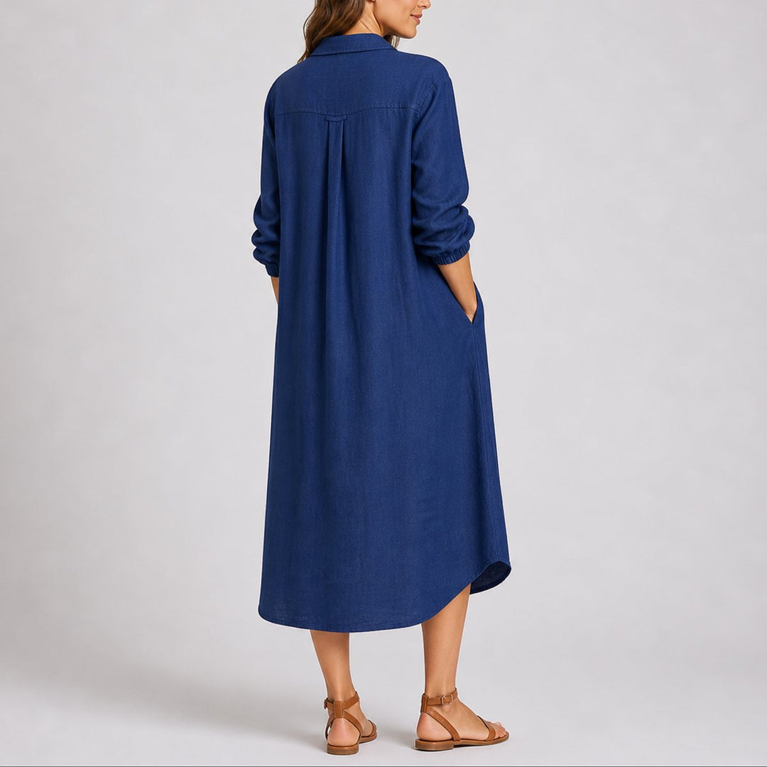 Long-Sleeve Button-Front Midi Shirt Dress