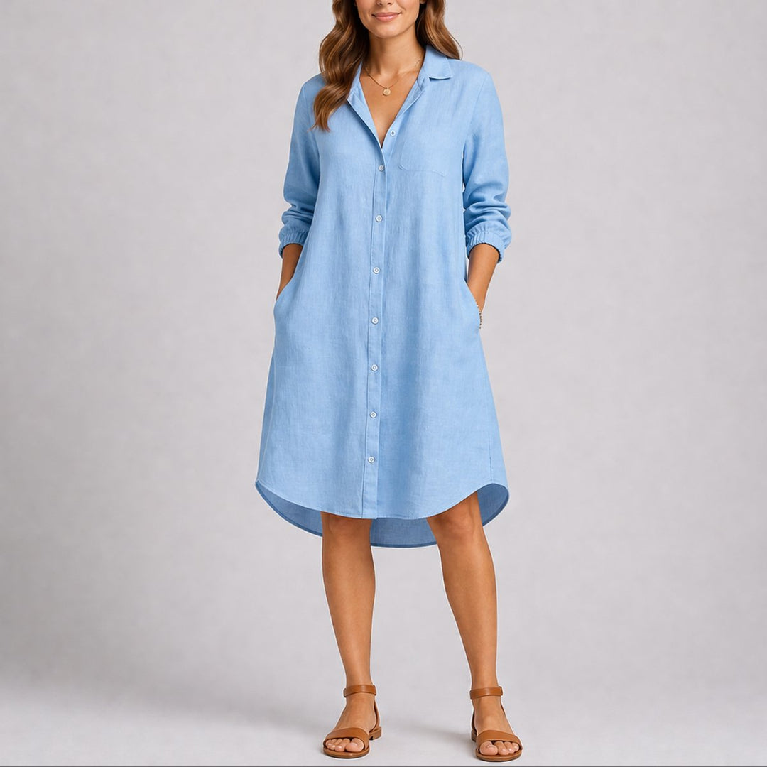 Long-Sleeve Button-Front Midi Shirt Dress
