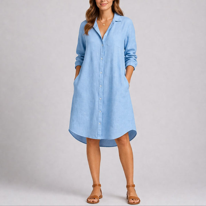 Long-Sleeve Button-Front Midi Shirt Dress