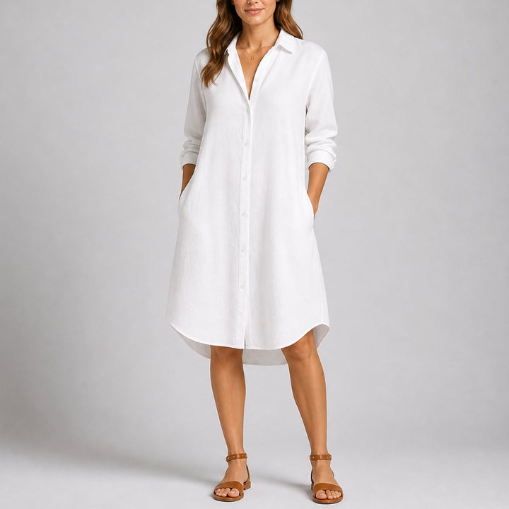 Long-Sleeve Button-Front Midi Shirt Dress