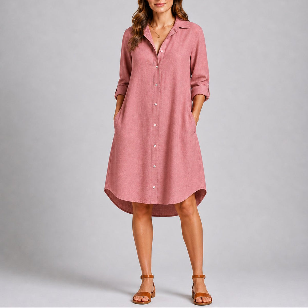 Long-Sleeve Button-Front Midi Shirt Dress