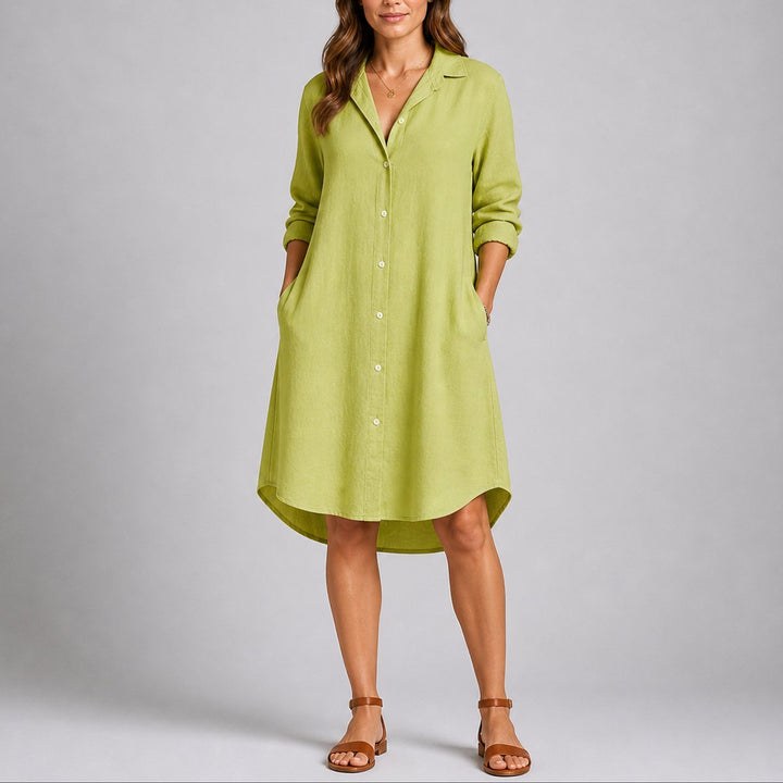 Long-Sleeve Button-Front Midi Shirt Dress