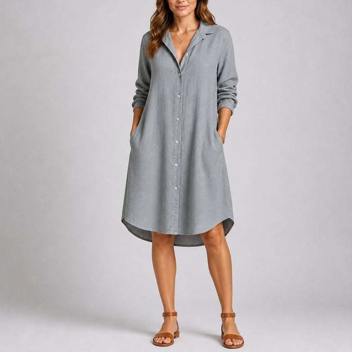 Long-Sleeve Button-Front Midi Shirt Dress