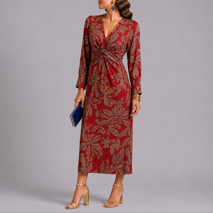 Floral Twist-Front Long Sleeve Midi Dress