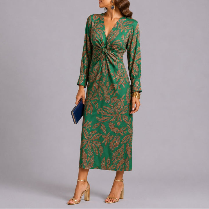 Floral Twist-Front Long Sleeve Midi Dress