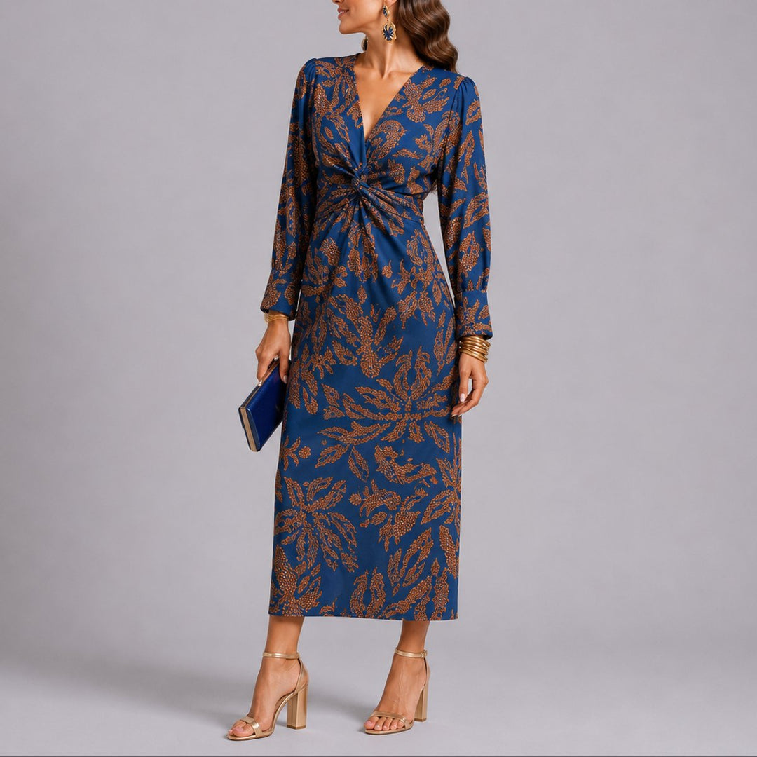 Floral Twist-Front Long Sleeve Midi Dress