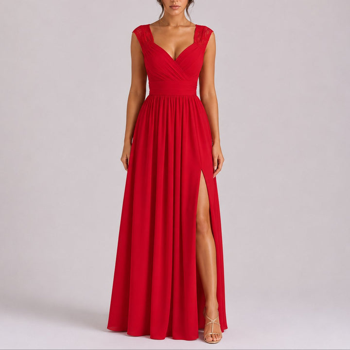 Lace Shoulder V-Neck Chiffon Maxi Dress