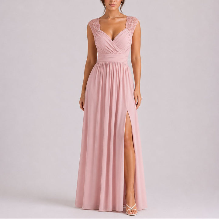 Lace Shoulder V-Neck Chiffon Maxi Dress