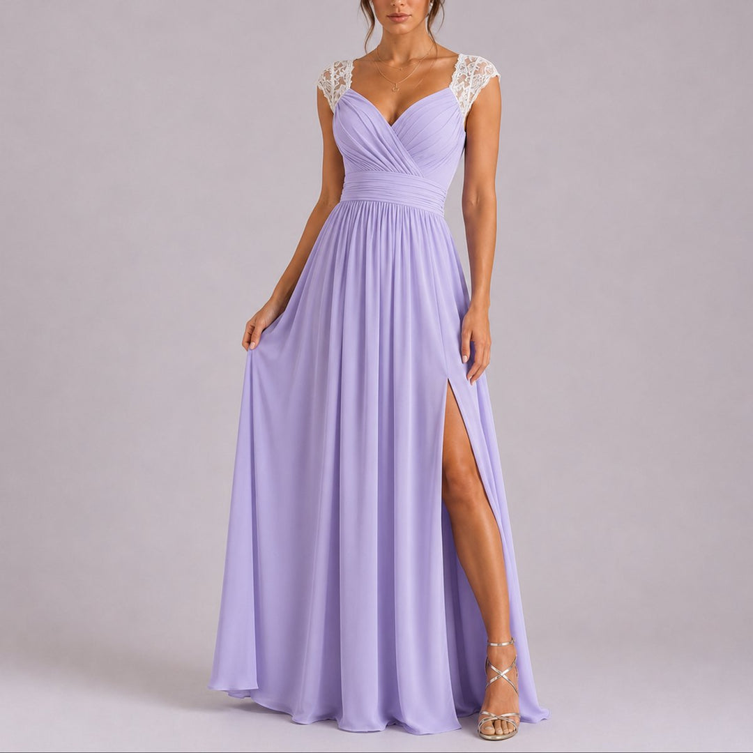 Lace Shoulder V-Neck Chiffon Maxi Dress