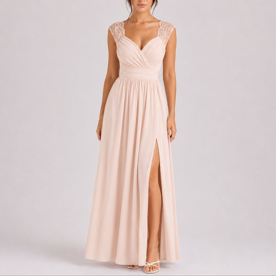 Lace Shoulder V-Neck Chiffon Maxi Dress