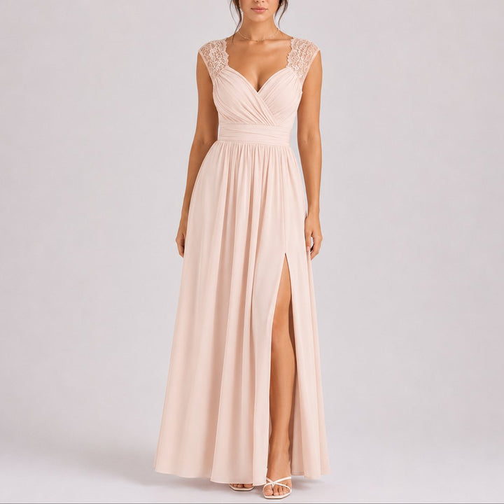Lace Shoulder V-Neck Chiffon Maxi Dress