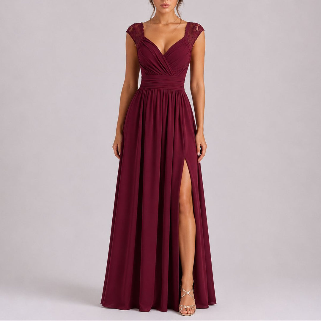 Lace Shoulder V-Neck Chiffon Maxi Dress