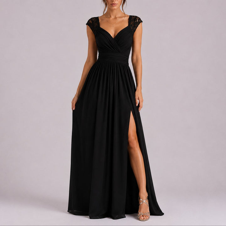 Lace Shoulder V-Neck Chiffon Maxi Dress