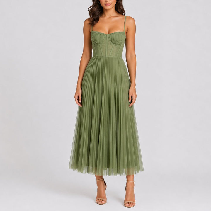 Pleated Tulle Midi Dress with Corset Bodice