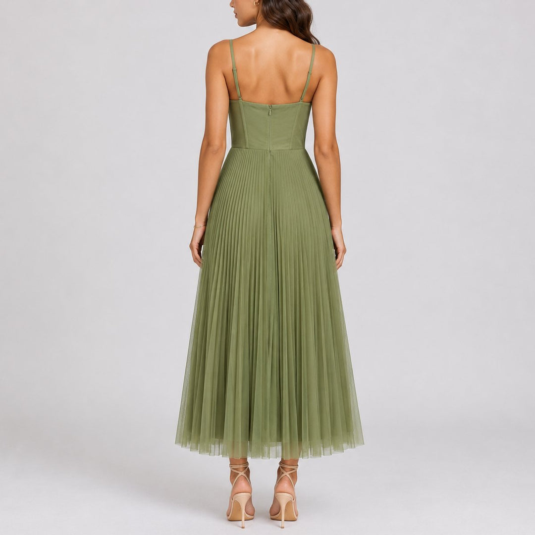 Pleated Tulle Midi Dress with Corset Bodice