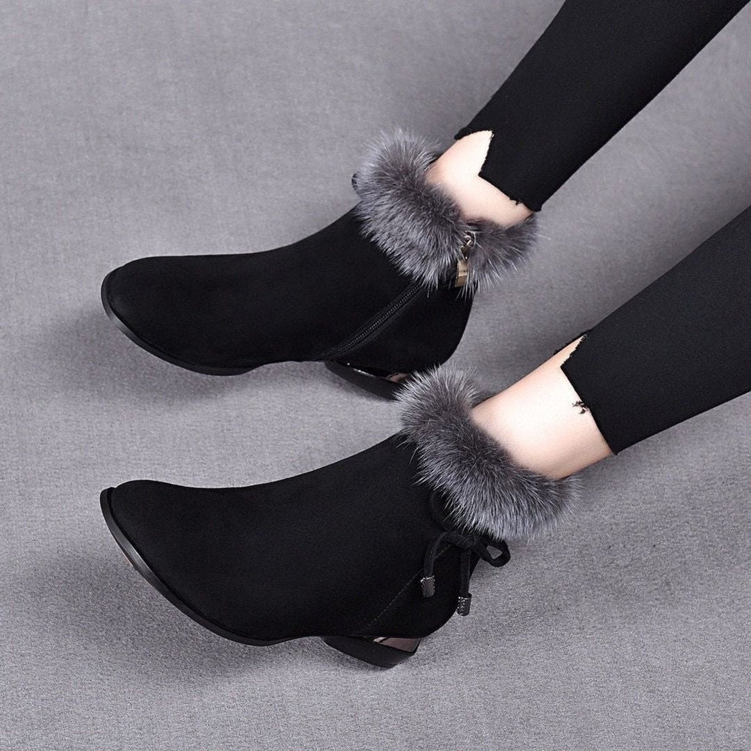 Faux-Suede Fur-Trim Flat Ankle Boots