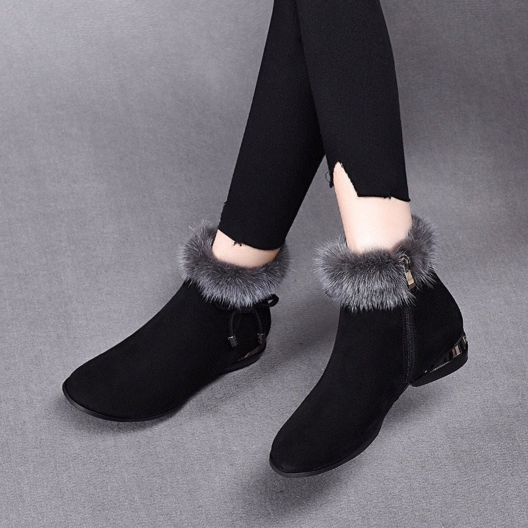 Faux-Suede Fur-Trim Flat Ankle Boots