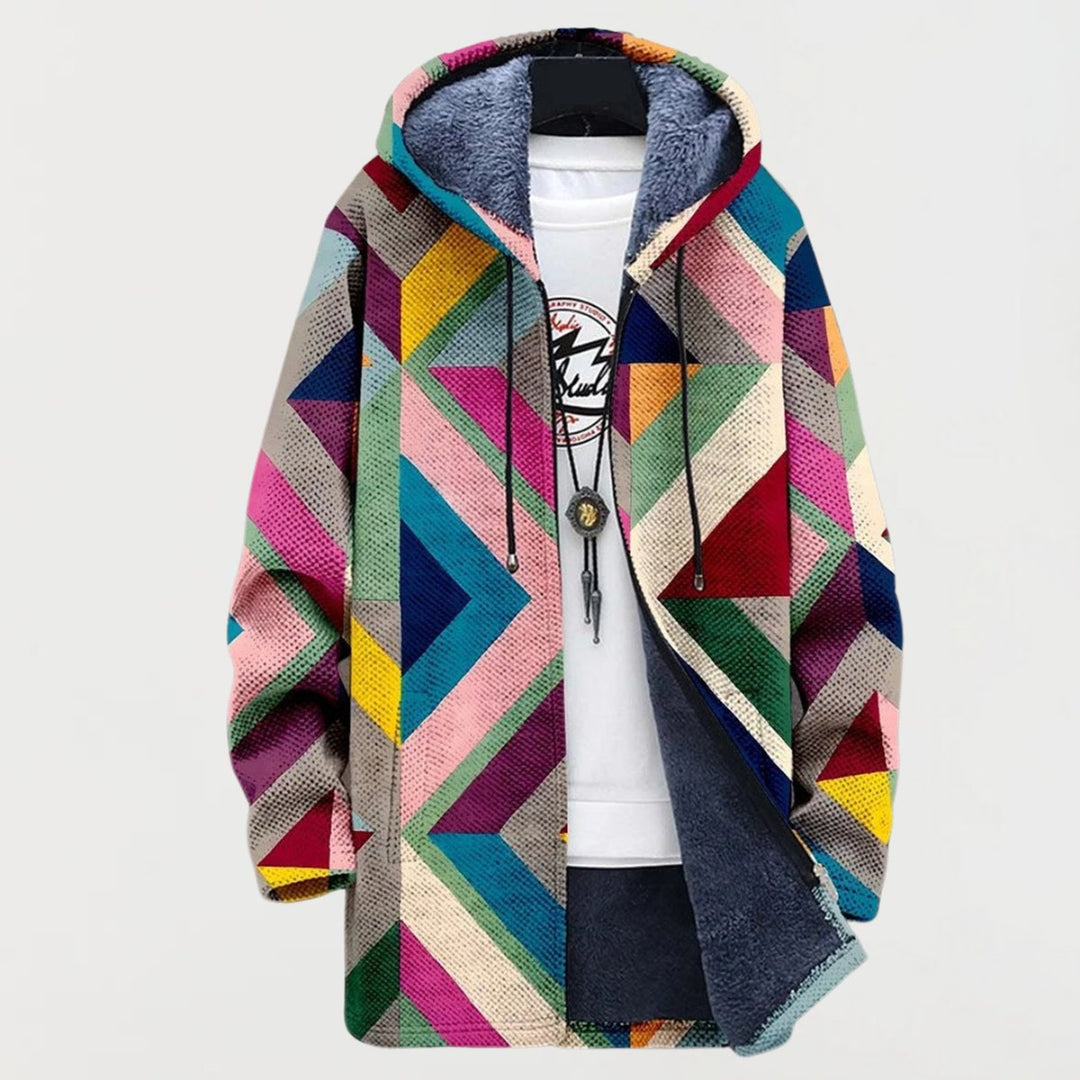 Geometric Print Fleece-Lined Zip-Up Hoodie