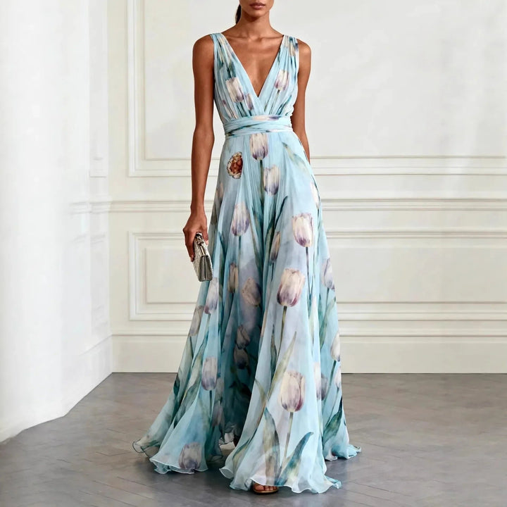 Floral Chiffon Deep V-Neck Maxi Dress