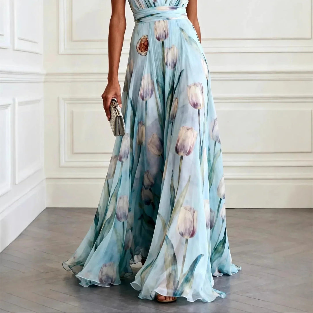 Floral Chiffon Deep V-Neck Maxi Dress
