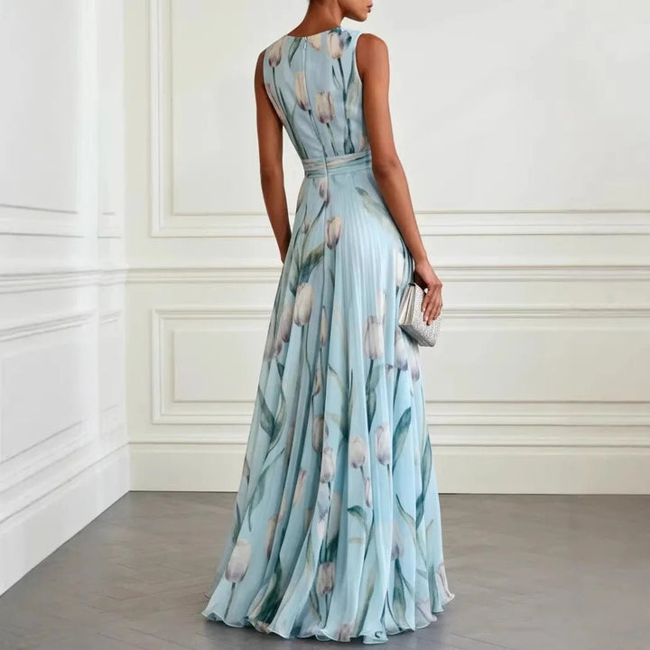 Floral Chiffon Deep V-Neck Maxi Dress