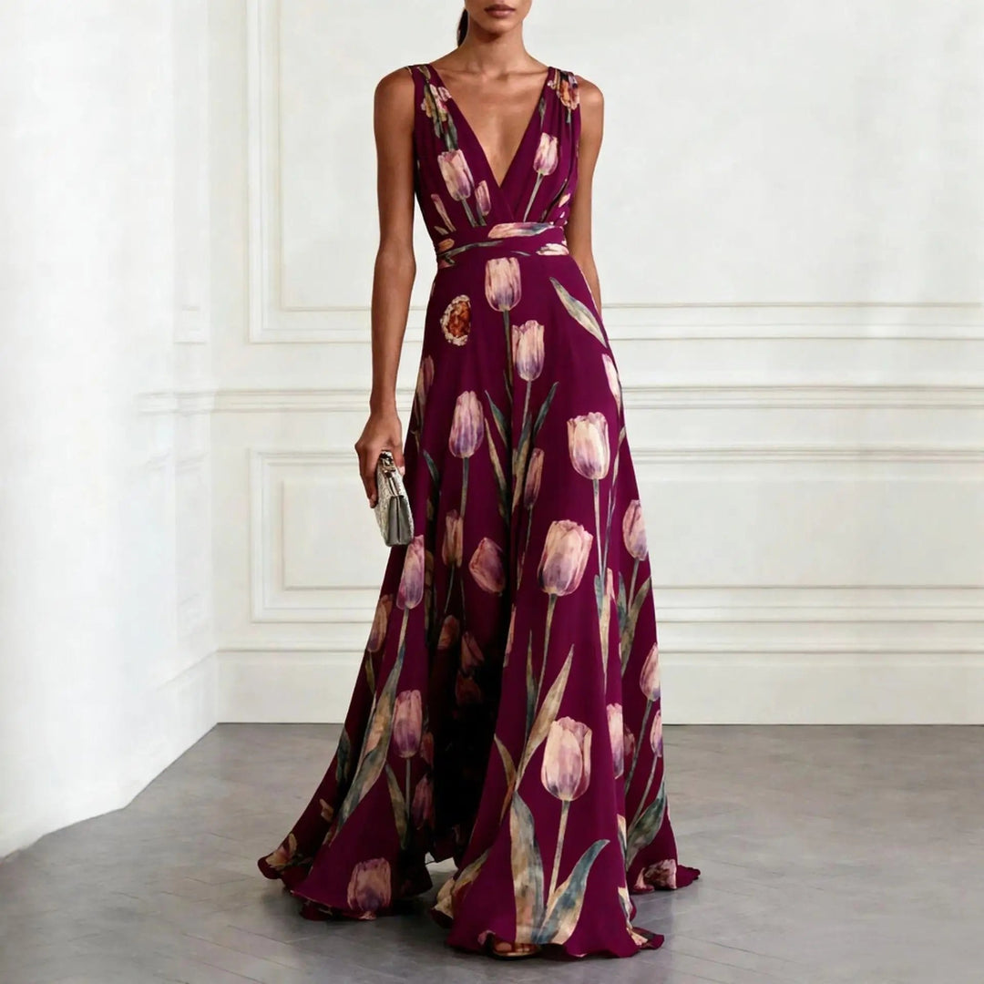Floral Chiffon Deep V-Neck Maxi Dress