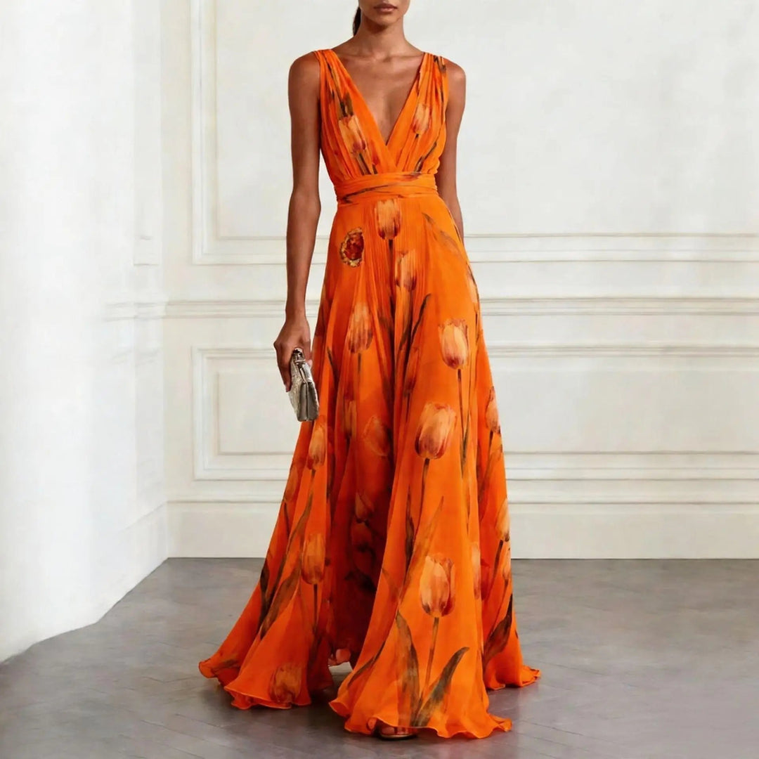 Floral Chiffon Deep V-Neck Maxi Dress