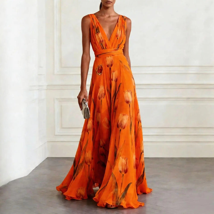 Floral Chiffon Deep V-Neck Maxi Dress