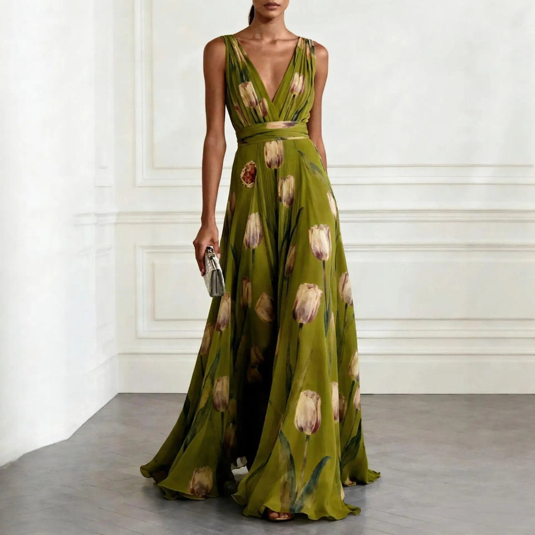 Floral Chiffon Deep V-Neck Maxi Dress
