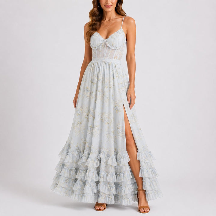 Floral Corset Maxi Dress with Ruffled Hem