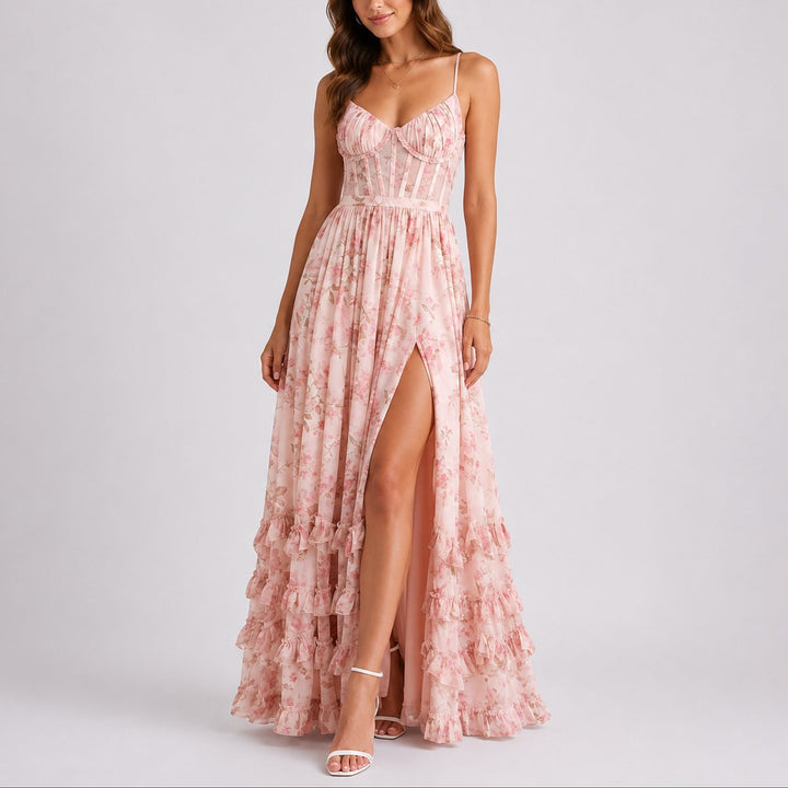 Floral Corset Maxi Dress with Ruffled Hem