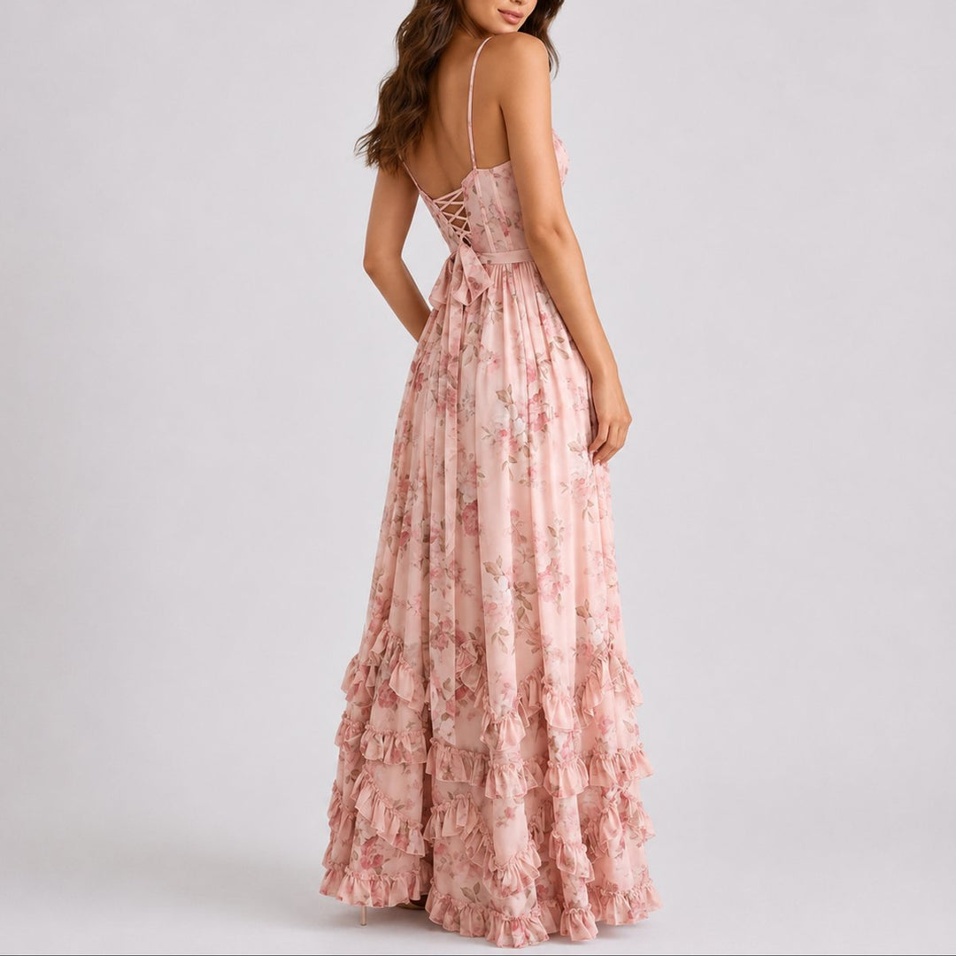 Floral Corset Maxi Dress with Ruffled Hem