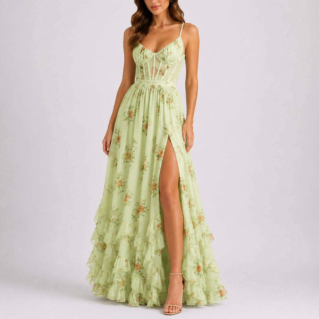 Floral Corset Maxi Dress with Ruffled Hem