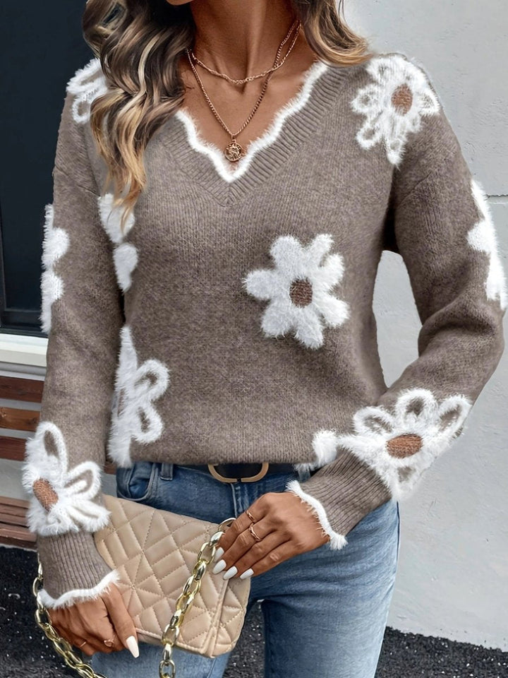 Floral Daisy V-Neck Knit Jumper
