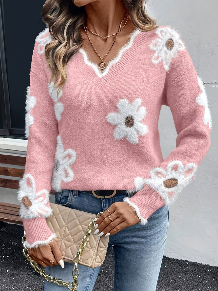 Floral Daisy V-Neck Knit Jumper