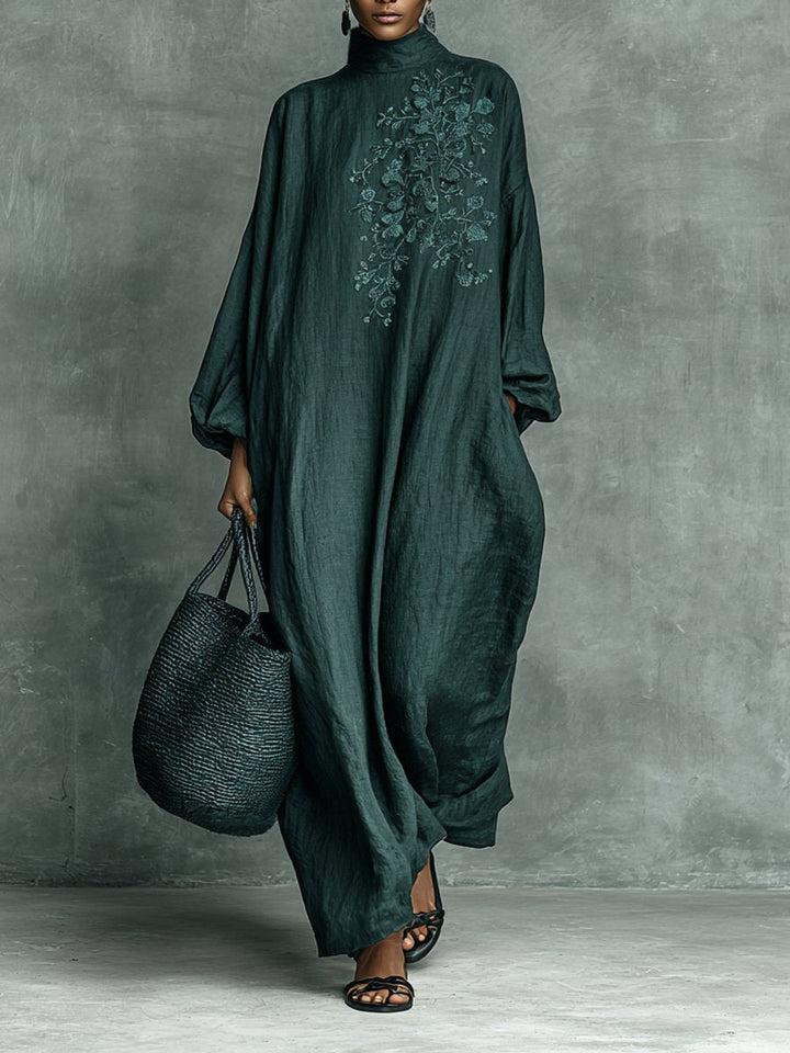 Floral Embroidered Mock-Neck Maxi Dress