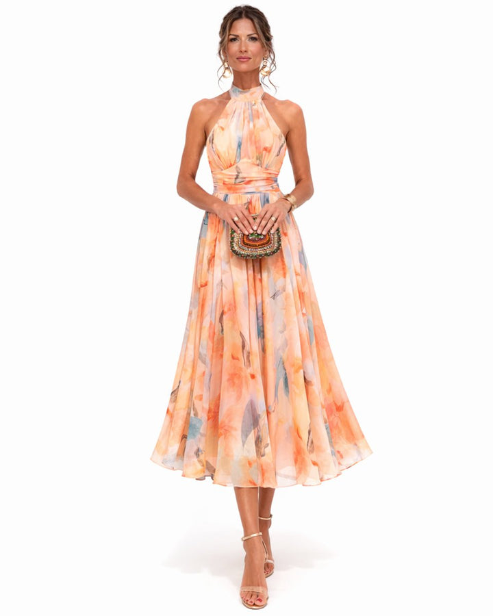 Floral Halter Neck Chiffon Midi Dress