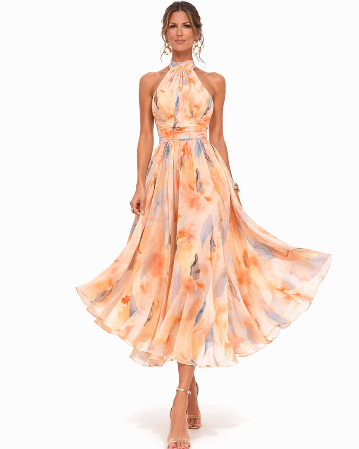 Floral Halter Neck Chiffon Midi Dress