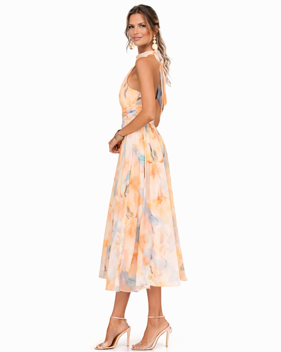 Floral Halter Neck Chiffon Midi Dress