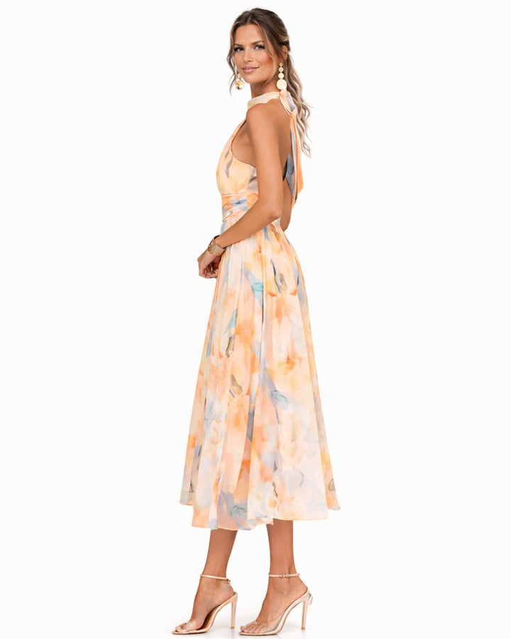 Floral Halter Neck Chiffon Midi Dress