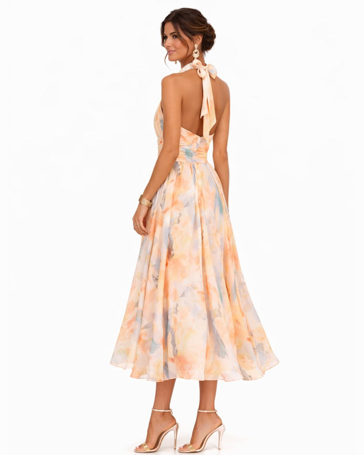 Floral Halter Neck Chiffon Midi Dress