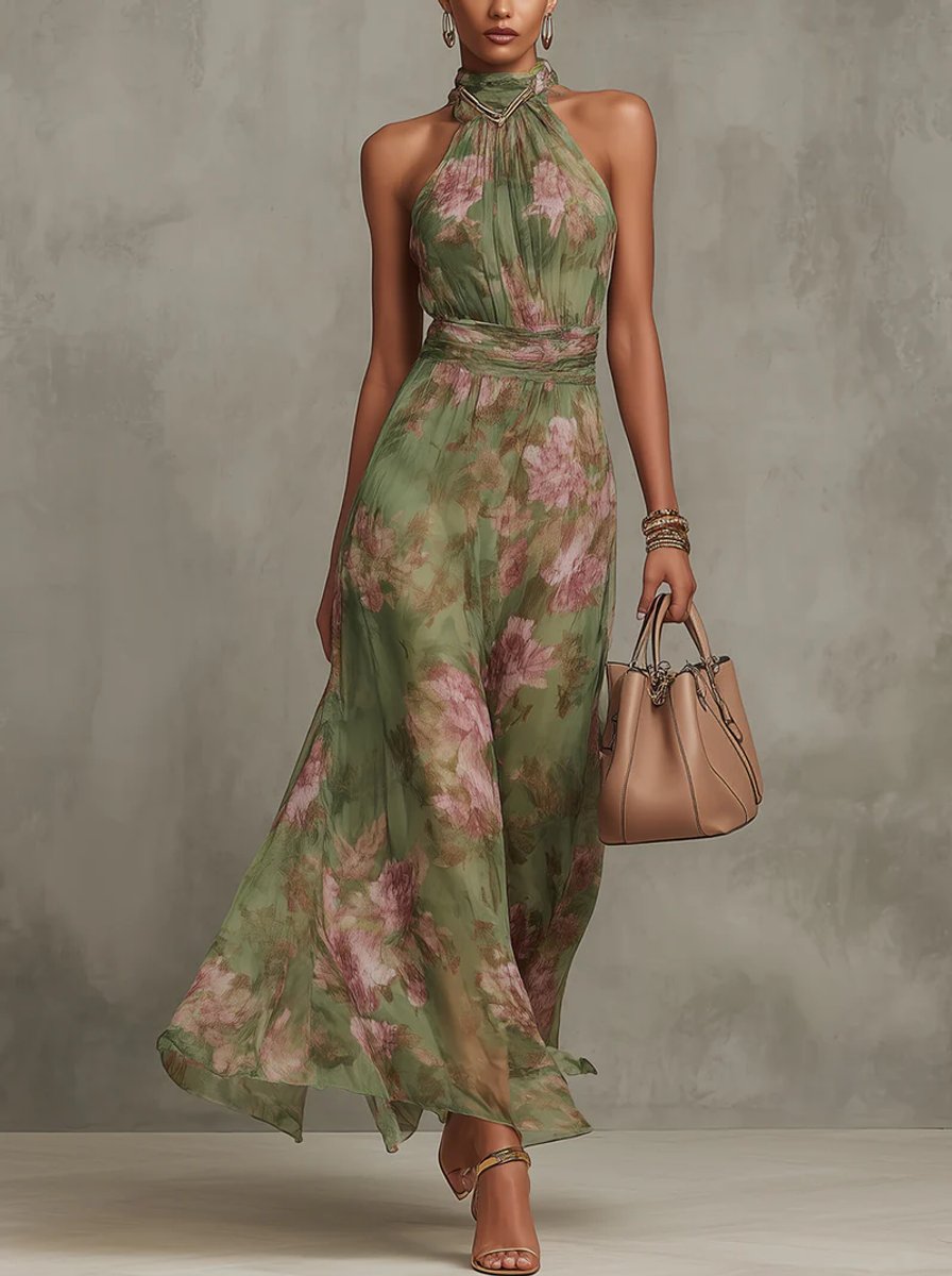 Floral Halterneck Chiffon Midi Dress