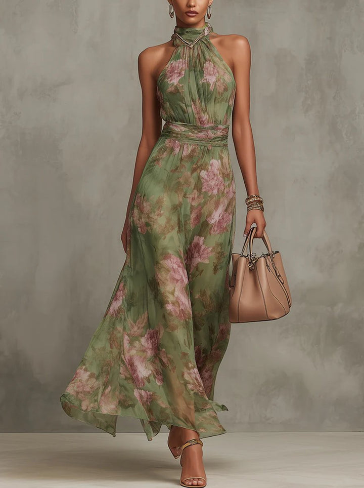 Floral Halterneck Chiffon Midi Dress