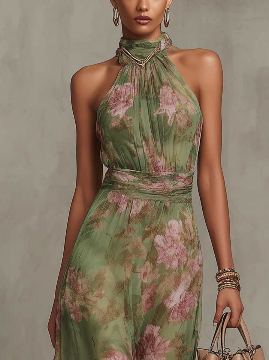Floral Halterneck Chiffon Midi Dress