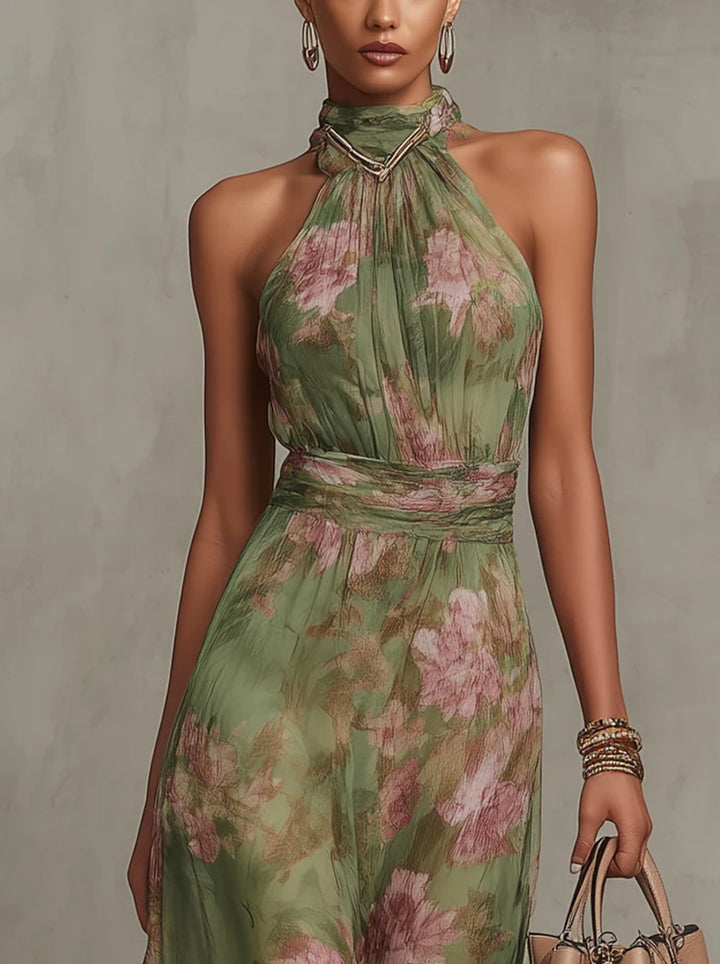Floral Halterneck Chiffon Midi Dress