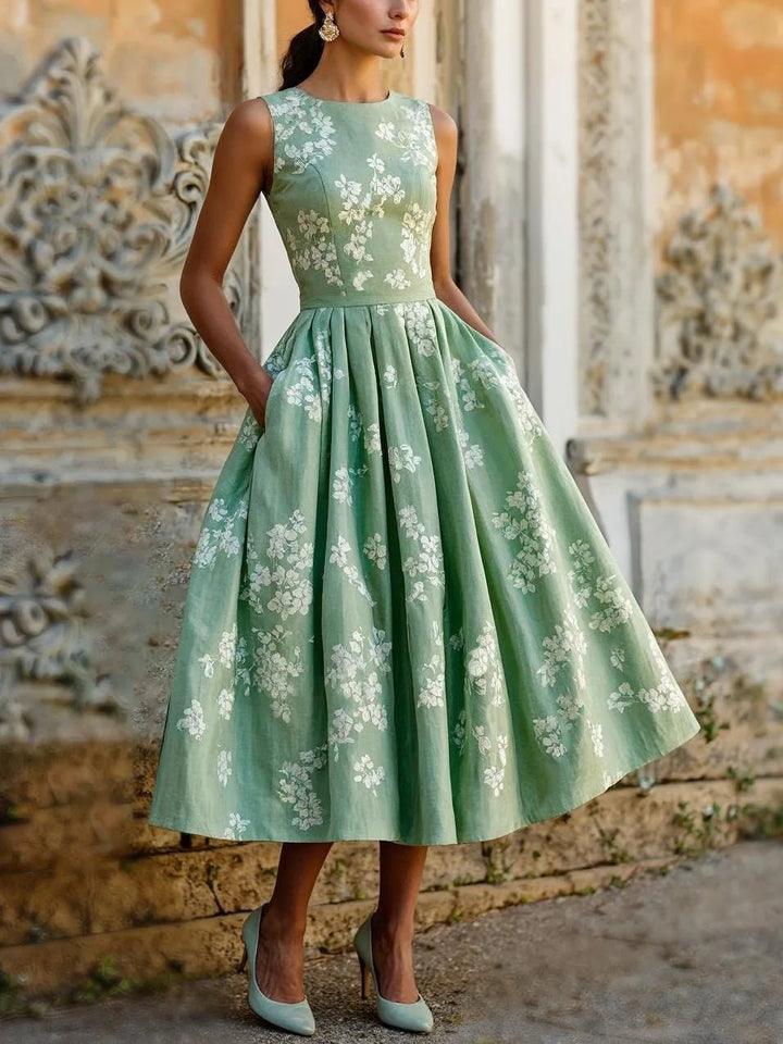 Floral Linen Sleeveless Midi Dress