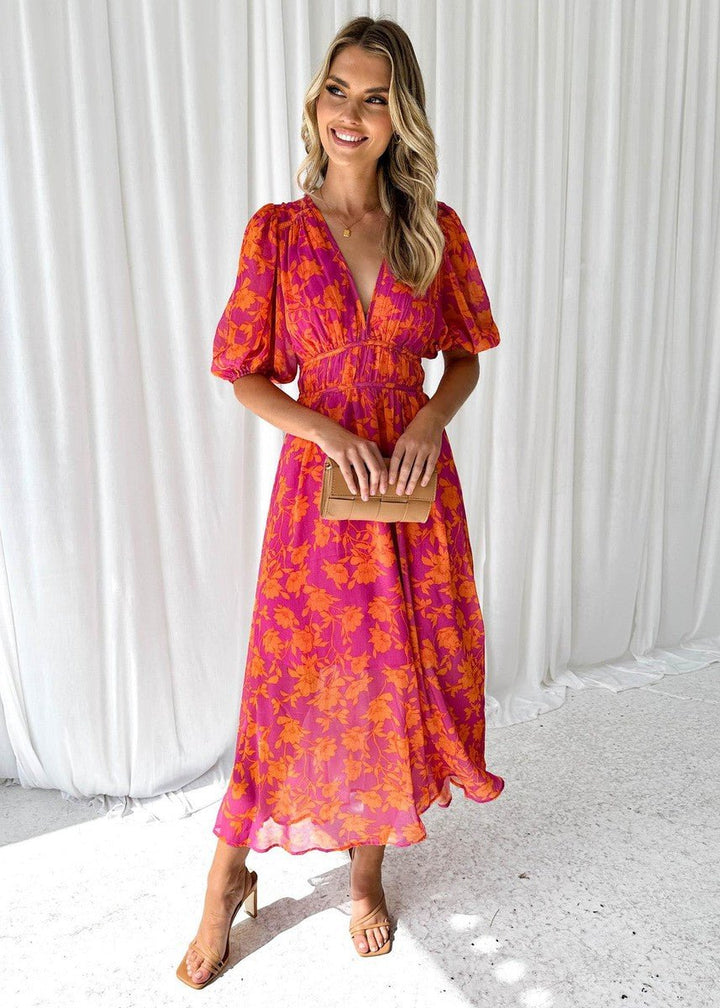 Floral Puff Sleeve Midi Dress