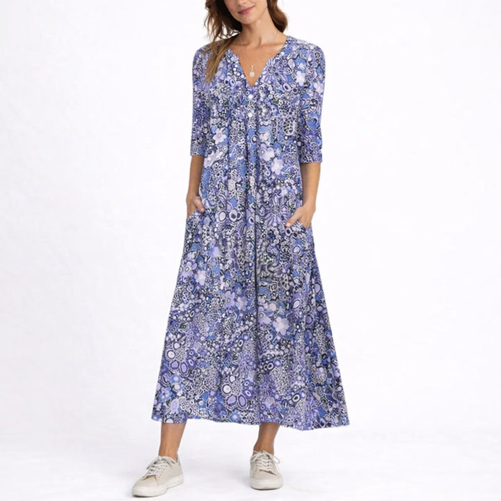 Floral Midi V-Neck Dress with Three-Quarter Sleeves